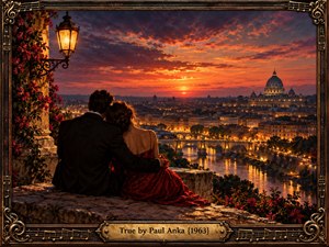 A couple embraces on a stone terrace overlooking a glowing river city beneath a dramatic sunset. An ornate golden frame with musical notes, curling metalwork, and a central brass plaque surrounds the romantic scene. Crimson flowers, a vintage lantern, and shimmering reflections enhance the nostalgic atmosphere of rich orange, purple, and gold hues.