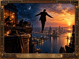 A silhouetted man in a dark suit balances on a tightrope above a sprawling city and shimmering river at sunset. Deep midnight blues and a luminous crescent moon contrast with fiery orange and gold skies. An intimate jazz club glows nearby, while ornate bronze guitar-inspired framing adds cinematic elegance and musical sophistication.