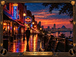 A lone man in a fedora walks along a rain-soaked Memphis riverfront, surrounded by glowing blues clubs, neon signs, and warm streetlamps. An orange and crimson sunset silhouettes the skyline, bridge, and river. Vivid reflections shimmer across the pavement in this cinematic oil painting, enclosed by an ornate musical frame and brass title plate.