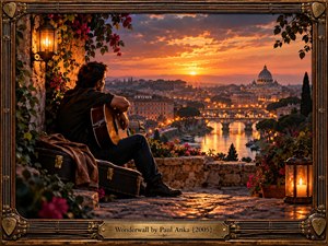 A contemplative musician sits with an acoustic guitar on a stone terrace overlooking a historic riverside city at sunset. Golden lanterns illuminate ivy, flowers, and weathered masonry, while glowing bridges lead toward distant domes. Rich amber, crimson, and violet tones create a romantic, nostalgic atmosphere in detailed cinematic oil painting.