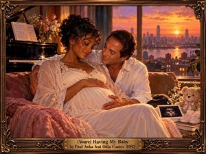 A tender couple shares an intimate moment on a plush sofa, the pregnant woman resting peacefully against her loving partner. A glowing sunset illuminates the city skyline through tall windows, while a grand piano, roses, teddy bear, tiny shoes, and ultrasound photograph symbolize anticipation. Warm amber, rose, and gold tones create nostalgic romanticism.