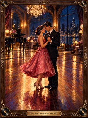 A young couple dances closely in a grand 1950s ballroom beneath sparkling chandeliers. Her flowing rose dress contrasts with his dark suit, while golden reflections illuminate polished floors. Midnight blue city lights shimmer beyond arched windows. Rich oil brushwork evokes timeless romance, framed by ornate gilded wood and musical decorations.