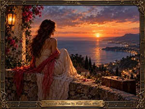 A woman in a flowing cream dress and rose red shawl sits on a stone terrace overlooking a glowing coastal sunset. Golden light shimmers across the sea, illuminating winding roads, distant mountains, and twinkling town lights. Ornate bronze musical detailing frames this cinematic, nostalgic scene, while a weathered suitcase symbolizes departure and longing.