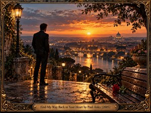 A solitary man in a dark suit gazes across a glowing river toward a historic city at sunset. Wet stone reflects amber lamplight beneath a dramatic orange and violet sky. A red rose rests on an ornate bench, while intricate gold scrollwork frames this cinematic, romantic scene of longing, hope, and reconciliation.