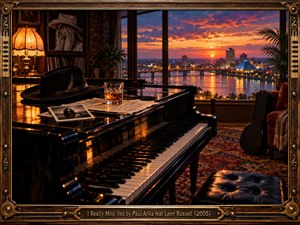 A glossy black grand piano dominates a nostalgic music room overlooking a riverfront city at sunset. Warm amber lamplight contrasts with violet skies, glowing bridges, and shimmering reflections. A fedora, handwritten music, vintage photograph, whiskey glass, and guitar case suggest absence and longing, enclosed by an ornate bronze and dark wood frame.