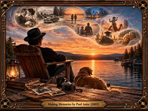 A fedora-wearing man and his golden retriever watch a glowing sunset over a tranquil lake, surrounded by old photographs, albums, a vintage camera, and a lantern. Translucent memory scenes drift overhead in warm amber light. Rich sepia tones, dramatic orange skies, and an ornate musical frame create nostalgic, cinematic warmth.
