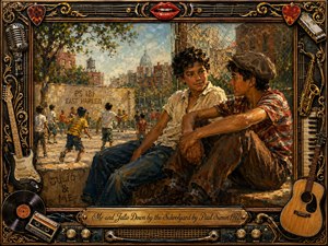 A warm, nostalgic oil-painted schoolyard scene shows two boys relaxing beside a lively playground in East Harlem. Golden afternoon light, earthy browns, muted blues, and textured brushwork create a carefree 1970s mood. An ornate music-themed frame surrounds the composition with guitars, records, microphones, instruments, and a polished engraved title plate.