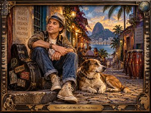 A relaxed traveler sits beside a weathered guitar case and loyal dog on a lively tropical street overlooking a glowing harbor and mountain skyline. Warm amber lights, deep blues, textured stone, palms, cafes, and conga drums create a joyful, worldly atmosphere. The richly painted frame incorporates musical details and vintage ornamentation.