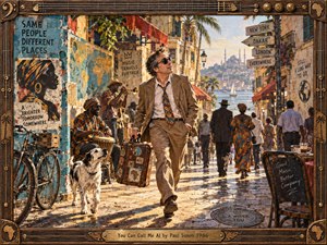 A sharply dressed traveler strides through a sunlit, Mediterranean-inspired street alive with musicians, pedestrians, weathered murals, and tropical color. Warm gold light, turquoise walls, patterned fabrics, and aged textures create a playful, restless mood. The handcrafted frame combines dark wood, brass hardware, strings, and carved musical details.