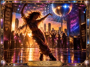 A dynamic dancer sweeps across a glossy nightclub floor beneath a mirrored disco ball, framed by a glowing sunset skyline and jubilant silhouettes. Fiery gold light blends with electric pink, blue, and violet reflections. Cinematic photographic styling, neon messages, mosaic accents, and an ornate metallic frame amplify the carefree energy.
