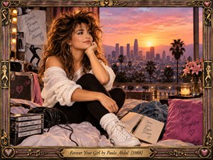 A glamorous woman relaxes beside an open window overlooking a glowing city sunset, surrounded by headphones, tapes, flowers, notebooks, and soft bedding. Warm pink, gold, and amber light creates a romantic, hopeful mood. Ornate musical framing, hearts, dance motifs, and nostalgic 1980s styling reinforce devotion and youthful optimism.