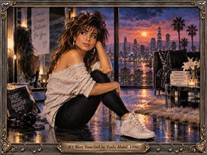 A reflective woman sits beside a glowing vanity in a luxurious high-rise room overlooking a sunset city skyline. Warm amber light, violet clouds, mirrored reflections, flowers, candles, books, and headphones create an intimate, hopeful mood. Painterly realism and ornate musical framing evoke romantic late-1980s pop sophistication.