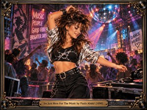A vibrant dancer moves through a crowded nightclub beneath a mirrored disco ball, surrounded by turntables, raised hands, and glowing signs. Electric pink, blue, orange, and purple lighting creates an exuberant retro atmosphere. Detailed photographic realism, metallic clothing, musical frame ornaments, and smoky stage illumination emphasize carefree rhythmic energy.