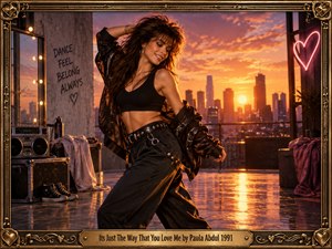 A joyful dancer moves across a glossy rooftop studio at sunset, framed by a glowing city skyline and warm amber reflections. Black dancewear contrasts with pink neon, golden clouds, and vintage equipment. Cinematic photographic styling, energetic posture, graffiti, a boombox, and ornate musical framing evoke romantic late-1980s pop exuberance.