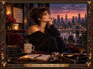 A wistful woman sits beside a city window at sunset, surrounded by roses, journals, candlelight, and a spinning record. Warm amber highlights contrast with deep burgundy and twilight blue, creating a romantic, reflective mood. Ornate bronze framing, heart motifs, and musical details enhance the richly cinematic, painterly composition.