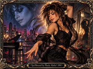 A glamorous dancer in black lace moves through a candlelit city interior, surrounded by flowing sheer fabric, scattered red petals, and warm golden reflections. A grand piano, mirrored silhouette, and ghostly blue portrait deepen the romantic, mysterious mood. Ornate metallic musical framing gives the cinematic composition a luxurious vintage finish.
