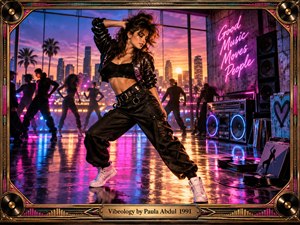 A dynamic dancer commands a neon-lit studio above a glowing city skyline, surrounded by silhouetted performers, speakers, records, and a boombox. Magenta, blue, gold, and violet reflections energize the polished floor. Cinematic photographic styling, dramatic sunset light, and an ornate music-themed frame capture confident early-1990s dance-pop exuberance.