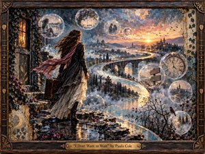 A windswept woman stands on rain-darkened stone steps, gazing toward a glowing sunrise over a misty river city. A luminous S-curve leads through bridges and distant towers while translucent memory bubbles hold symbolic scenes. Indigo, gray, gold, and rose tones enhance the reflective, handcrafted oil-and-encaustic atmosphere.