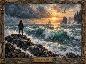 A solitary figure stands on black coastal rocks as turbulent turquoise waves surge beneath a glowing sunset. Storm clouds, seabirds, sea stacks, and distant forested cliffs create a dramatic, hopeful atmosphere. Thick painterly textures, golden light, foaming water, weathered wood, bronze details, guitar strings, and carved wave motifs frame the scene.