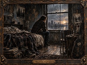 A solitary figure sits in a worn, rain-streaked bedroom overlooking a gray city skyline, surrounded by rumpled bedding, photographs, records, wilted flowers, and a battered guitar case. Deep charcoal, rust, and muted amber tones create a mournful atmosphere, while soft sunset light filters through the window. A distressed musical frame reinforces the handcrafted grunge aesthetic.