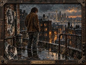 A solitary figure in a worn corduroy jacket overlooks a rain-soaked Seattle skyline from a gritty rooftop, surrounded by rusted railings, torn posters, puddles, and fractured reflections. Moody browns, charcoal grays, and amber city lights create tense solitude, rendered in richly textured mixed-media style within a distressed musical frame.
