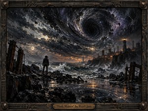 A lone figure stands on a jagged, wave-lashed shore beneath a vast spiraling vortex, while a lighthouse and crumbling industrial cliffs glow in the distance. Dark blues, charcoal, rust, and silver reflections create a tense, haunting mood. Thick, painterly textures, storm light, and an ornate metal-and-wood frame deepen the apocalyptic atmosphere.