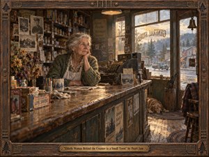 An elderly shopkeeper rests thoughtfully behind a worn wooden counter in a weathered small-town general store, surrounded by faded photographs, old tins, flowers, and a vintage register. Warm golden sunlight streams through frosted windows, illuminating muted browns, greens, and amber tones. Painterly realism and handcrafted framing evoke nostalgia, memory, and quiet longing.