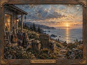 A weathered coastal cabin overlooks a glowing ocean at sunset, where two empty wooden chairs suggest companionship, memory, and enduring hope. Warm amber light contrasts with cool blue-gray clouds and water. Wildflowers, a resting guitar, blankets, and lanterns enrich the intimate scene, rendered in richly textured, handcrafted painterly detail.