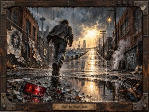 A lone figure strides through a rain-soaked industrial street toward a burst of golden light beneath storm clouds. Cold blue-gray buildings, rusted brick, steam, power lines, puddles, broken glass, and a vivid red taillight create urgent tension. Thick mixed-media textures and a rugged musical frame reinforce the raw grunge atmosphere.