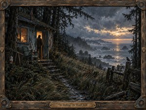 A solitary figure stands in a warmly lit coastal cabin doorway, overlooking a storm-darkened Pacific shoreline at dusk. Windblown grasses, misty sea stacks, and brooding evergreens frame the scene in slate blues, moss greens, and weathered browns. Painterly textures, wet surfaces, and a distressed wood-and-metal frame deepen the introspective mood.