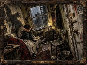 A solitary figure curls inward on an unmade bed in a rain-darkened, decaying room, surrounded by battered furniture, records, photographs, and a worn amplifier. Muddy browns, black, gray, and deep red dominate, pierced by weak lamplight and cold window glow. Thick, distressed brushwork creates a tense, claustrophobic grunge atmosphere.