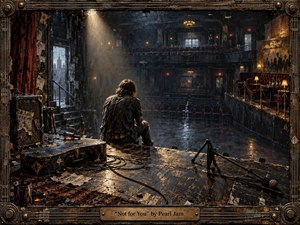 A lone musician sits on a battered stage in a dark, decaying concert hall, facing rows of empty seats under a single shaft of light. Rusty blues, smoky grays, and warm amber highlights create a brooding mood. The richly textured mixed-media style emphasizes scuffed wood, tangled cables, a fallen microphone, and an ornate industrial frame.
