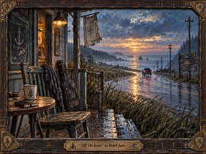 A weathered coastal porch overlooks a rain-slick road winding toward the ocean at sunset, where a lone vehicle disappears into the distance. Warm amber window light contrasts with cool blue-gray skies and reflective pavement. Rustic wood, a guitar case, empty chairs, and a handcrafted musical frame create a wistful, intimate mood.