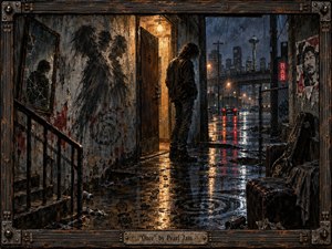 A solitary figure stands in a rain-soaked urban doorway, framed by decaying walls, cracked reflections, and a distant Seattle skyline. Deep blues, black, amber, and red reflections create a tense, brooding mood. Expressionistic oil and charcoal textures, distressed wood, metal hardware, puddles, graffiti, and ghostlike shadows heighten the fractured atmosphere.