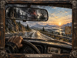 A weathered driver grips the wheel along a winding mountain highway at sunrise, while a cracked rearview mirror reflects a dark, industrial past receding behind. Warm golds and cool storm grays create tension between escape and memory. Thick painterly textures, worn metal framing, guitar-string details, and a rugged title plate reinforce the handcrafted grunge-era mood.