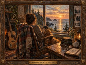 A warmly lit, painterly cabin interior frames a reflective figure and a golden dog gazing toward a radiant ocean sunset. Rich wood textures, a guitar, books, flowers, and coastal keepsakes deepen the intimate mood. Amber light, weathered details, and an ornate handcrafted frame create a nostalgic, tender, quietly luminous scene.