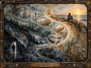 A solitary figure sits on a rocky shore facing a radiant sea, while a luminous S-curve of memory bubbles winds through darker ruins, forest, and rain. Blue-gray shadows shift into warm gold light, creating a reflective, bittersweet mood in a richly textured mixed-media painting with an ornate handcrafted frame.