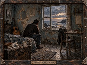 A solitary man sits hunched on a worn bed in a weathered seaside room, staring toward a stormy coast and distant lighthouse. Muted blues, browns, and grays dominate, warmed by fading amber dusk. Textured painterly surfaces, peeling walls, an unused guitar, empty chair, old photographs, and distressed wood deepen the mood of regretful isolation.