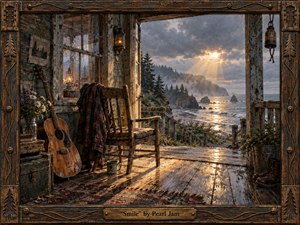 A weathered seaside porch opens toward a misty, sunlit coastline, where a battered guitar, wildflowers, boots, and an empty chair suggest quiet human presence. Warm golden rays break through storm clouds, glowing across wet floorboards and surf. Rendered in richly textured painterly detail, the scene feels nostalgic, tender, rugged, and softly hopeful.