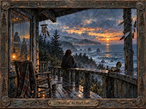 A solitary figure sits on a rain-darkened coastal porch, gazing across a stormy Pacific sunset. Weathered wood, an empty chair, glowing lantern, feathers, and an open compass deepen the mood of longing and reflection. Slate blues, amber light, mist, and textured painterly surfaces create a handcrafted, cinematic atmosphere within a carved musical frame.