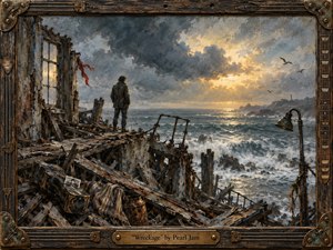 A lone figure stands amid a storm-battered coastal ruin, facing turbulent seas beneath clearing clouds. Broken timber, rusted railings, a bent lamp, and scattered belongings deepen the sense of loss and endurance. Blue-gray waves contrast with warm golden light, rendered in richly textured oil-like brushwork within a weathered wood-and-bronze frame.