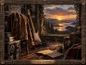 A weathered cabin interior frames a glowing Pacific Northwest sunset over evergreen forests, winding water, and distant mountains. A corduroy jacket, electric guitar, travel cases, records, journal, and steaming mug create a solitary, road-worn atmosphere. Warm amber light contrasts with deep wood tones, while the handcrafted frame adds strings, metalwork, and rustic character.