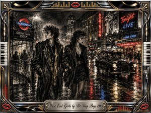 Two stylish women walk through a rain-soaked London night, surrounded by glowing theaters, Underground signs, a black taxi, and shimmering street reflections. Deep feathered charcoal creates a moody noir atmosphere, accented with red, blue, and gold neon. An ornate chrome-and-gold music-themed frame adds vinyl, keyboard, microphone, and equalizer details.