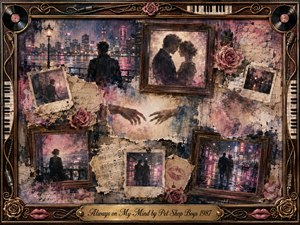 A nostalgic mixed-media collage frames fading memories of love against a rain-lit city skyline. Solitary figures, embracing couples, reaching hands, roses, Polaroids, sheet music, and handwritten fragments blend through dusty pink, mauve, cream, blue, and gold. Soft neon reflections and watercolor textures create a tender, bittersweet atmosphere within an ornate musical rosewood frame.