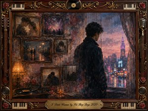 A solitary figure stands beside a rain-streaked window overlooking a glowing neon city, surrounded by framed memories of romance, dancing, and lost intimacy. Warm amber lamplight contrasts with dusky blues, pinks, and violets. Rich painterly textures, roses, vinyl, musical details, and an ornate rosewood-gold frame deepen the bittersweet nostalgia.