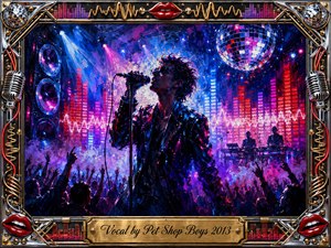 A silhouetted vocalist commands a neon-lit electronic concert, surrounded by raised hands, towering speakers, glowing equalizer bars, and a shimmering disco ball. Electric blues, magentas, purples, and crimson pulse through smoky stage light. Energetic impressionist brushwork heightens the ecstatic mood, framed by chrome, gold, microphones, red lips, and sound-wave ornaments.