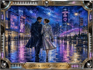 A stylish couple walks closely through a rain-slicked neon city plaza, surrounded by glowing skyscrapers, romantic signs, and colorful reflections. Deep blues, purples, pinks, silver, and gold create a dreamy nighttime mood. Rich acrylic-like brushwork and cinematic lighting enhance the intimacy, while an ornate chrome-and-gold musical frame completes the composition.