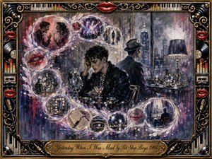 A brooding young man sits at a reflective table while a second figure faces a rain-softened city skyline, surrounded by glowing memory bubbles tracing an elegant S-curve. Smoky blues, mauves, silver, gold, and vivid red accents create a theatrical mood. Painterly textures, soft haze, chrome details, and an ornate music-themed frame deepen the nostalgic tension.