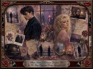 A wistful 1980s city romance unfolds in a layered vintage collage, with a dark-haired man and blonde woman turned apart against rain-streaked windows and glowing neon streets. Dusty rose, burgundy, charcoal, and gold tones deepen the melancholy. Polaroids, roses, handwritten notes, a telephone, mirror, and ornate musical frame suggest love, regret, and fading memories.