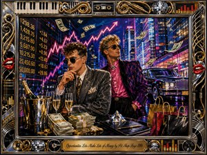 Two sharply dressed men pose amid a neon-lit 1980s financial fantasy of soaring market charts, floating banknotes, champagne, cash stacks, luxury shopping bags, and a gleaming limousine. Electric blues, pinks, gold, and chrome create a glamorous, satirical mood, framed by musical instruments, records, disco details, and polished metallic ornamentation.